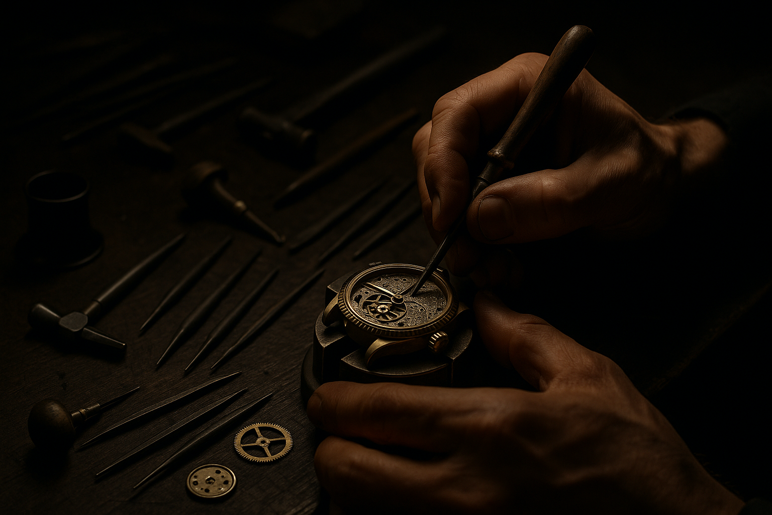 photo d’atelier d'horlogerie (outils, montre en cours de gravure, main concentrée). THEME SOMBRE
