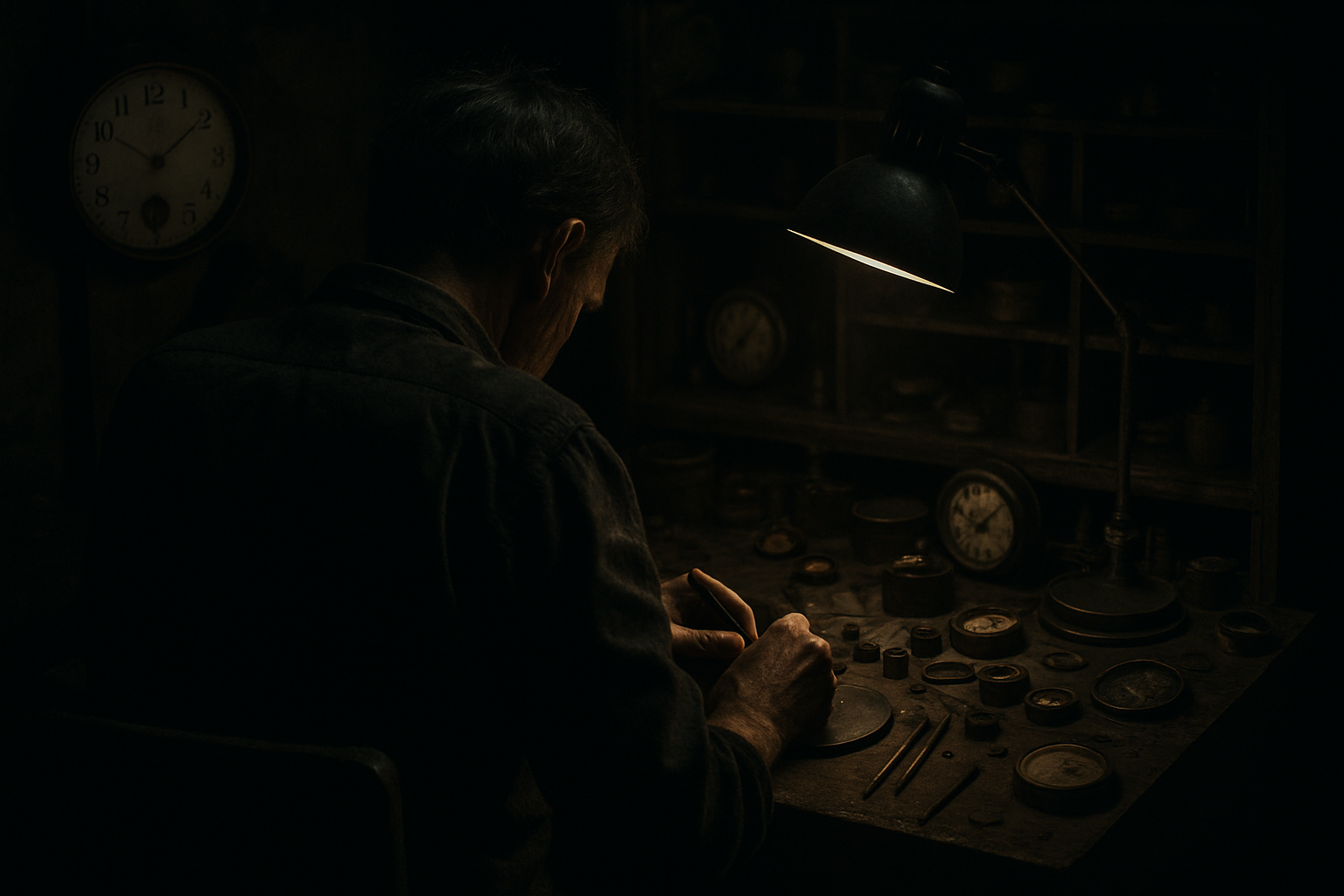 Photo d'un horloger de dos dans un atelier. Couleur très sombre